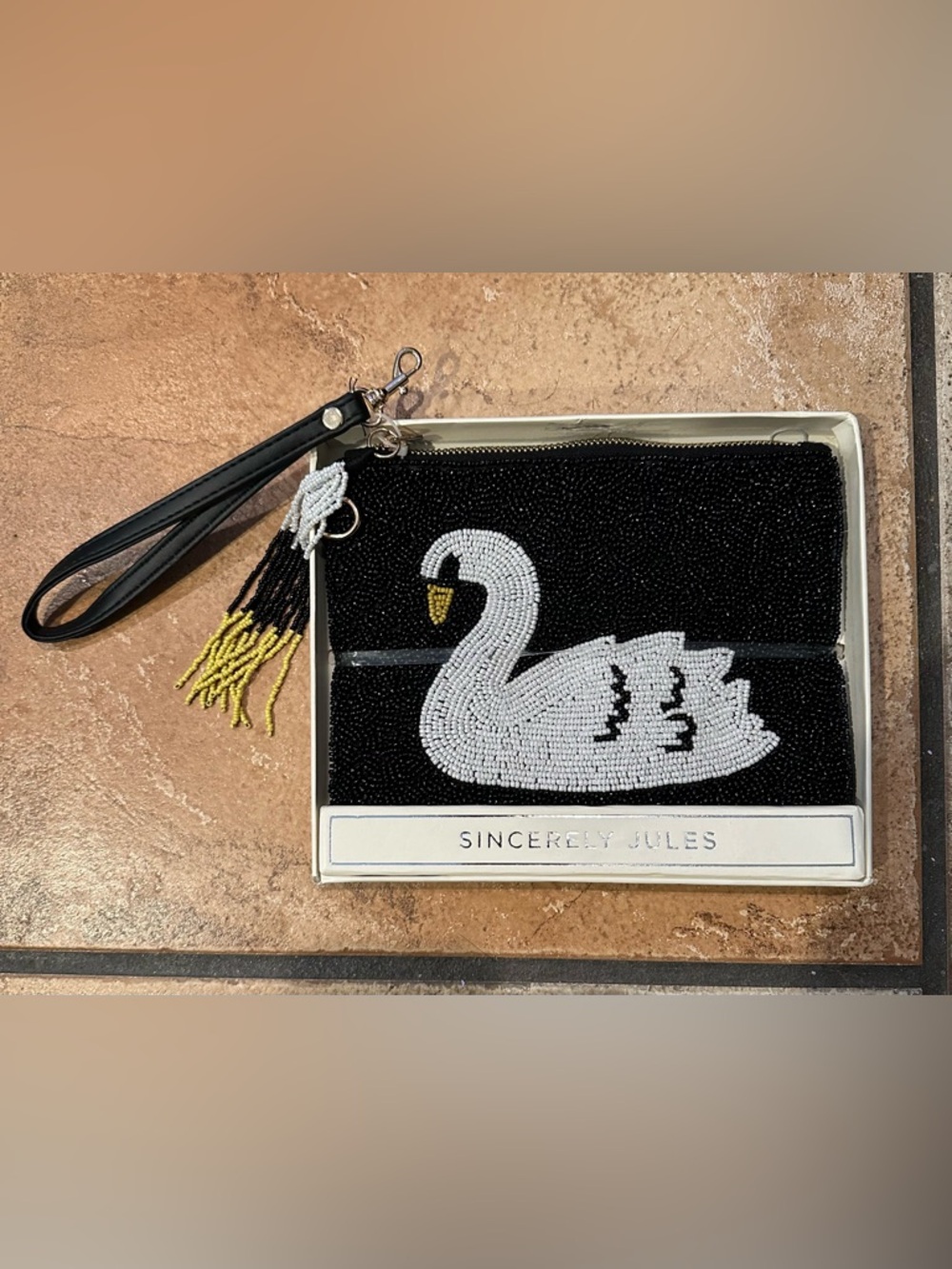 Sincerely Jules Black Beaded Swan Wristlet